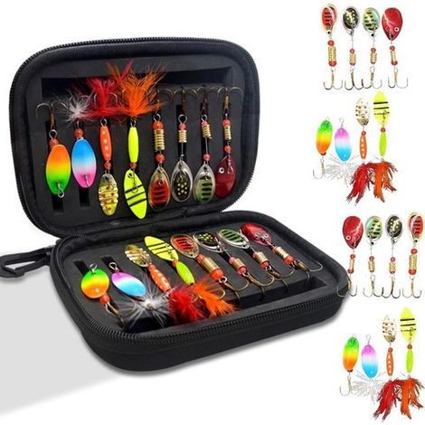 Ensemble complet de 14 cuillères pour la pêche à la truite avec boîte de rangement, leurres actifs aux UV, adapté à la truite, la perche et le sandre, cuillères de 3 g/3,5 g/4,5 g/5 g et matériel de p (1/5)