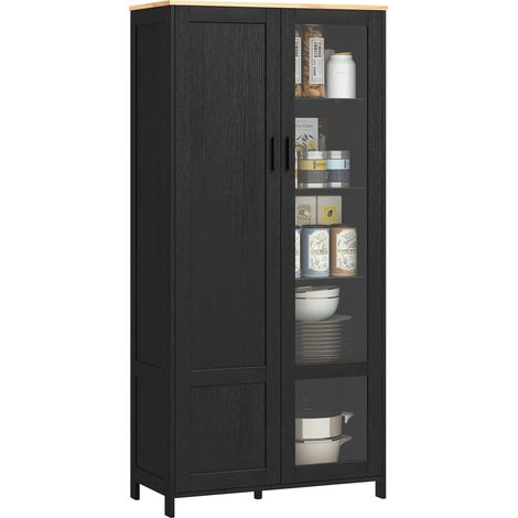 Mobile Dispensa Cucina in Legno a 9 Ripiani Regolabili con Ante in Vetro, 76x36x160 cm, Nero e color Legno