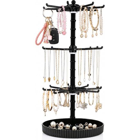 Présentoir à Bijoux Rotatif, 3 Étages Présentoir Tournant pour Colliers & Porte-Clés avec Base en Plastique et 24 Crochets pour Bracelets Boucles d'Oreilles Porte-Clés Coiffeuse (1/5)