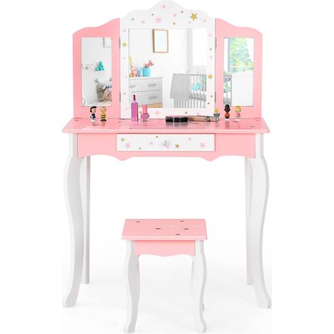 COSTWAY Set Mesa Tocador y Taburete para Niños, Mesa Maquillaje con Espejo Tripartido para Niños, Cajón con Imprenta de Estrellas, Set Tocador con Mesa y Parte Superior Desmontable (Rosa) (1/5)