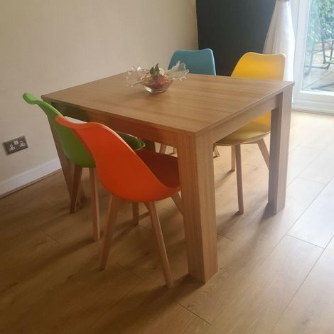 Dining Table and 4 Chairs Oak Effect Wood 4 colourful Plastic Leather Chairs Dining Room (1/5)