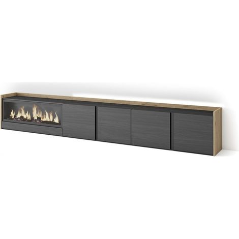 Skraut Home - Mueble TV, Televisión, Muebles de salón, almacenaje, 315x35x50cm, Para TV hasta 80", Chimenea eléctrica XXL, LED, Estilo Moderno, Negro y roble (1/5)
