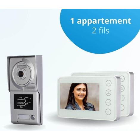 Portier interphone vidéo NEO 2 Fils - 1 appartement - 2 écrans blancs - avec lecteur de badge