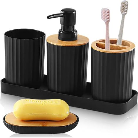 Set mit 5 schwarzen Badezimmeraccessoires aus Kunststoff, bestehend aus Seifenspender, Zahnbürstenhalter, Becher und Seifenschale (1/5)