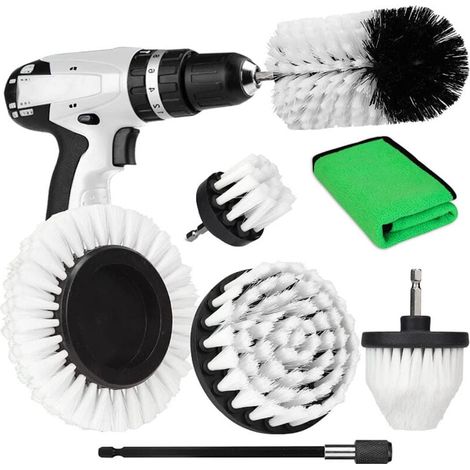 7pcs Brosses Nettoyage pour Perceuse Visseuse à Poils Souples Blancs. Brosses à Nettoyer Salle de Bains, Douche, Cuisine, Céramique. (1/4)
