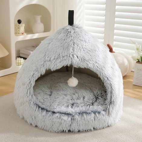 Lit‑grotte pour chat – 51x51x43 cm – Gris – Peluche douce – Coussin amovible – Chatons et petits chiens (1/4)