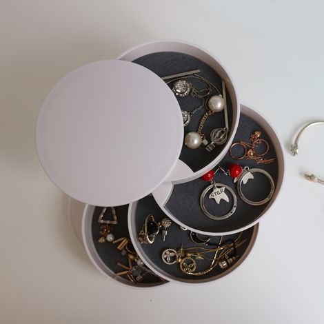 Organisateur de bijoux, organisateur de bijoux rotatif à 4 niveaux pour bagues, boucles d'oreilles, colliers, filles/dames, rond blanc (1/2)
