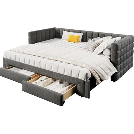 Canapé-lit 90 x 200 cm en velours gris, lit de jour extensible avec dossier carré, 2 tiroirs, sans matelas - CHICFURN (1/5)