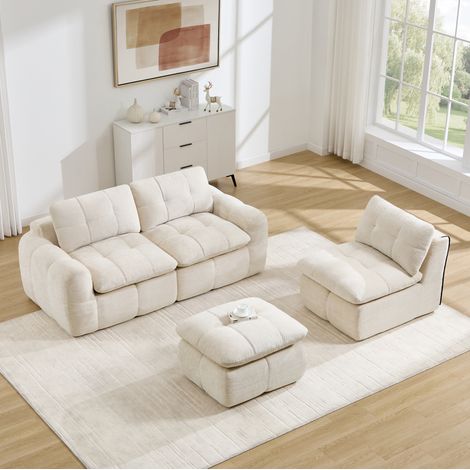 Sofá rinconero modular de 3 plazas con otomana, tapizado en chenilla, beige HAVRYA (1/5)