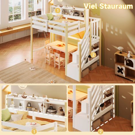 Lit mezzanine 90x200 cm avec éclairage LED, grand rangement sous le lit, échelle à étagères, casier ouvert, sans matelas, blanc et bois naturel (1/5)