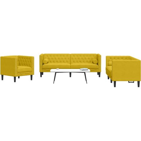 3-tlg. Chesterfield-Sofa-Set mit Nackenrollen Gelb Samt