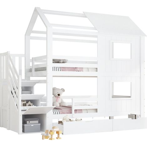 GagaLit superposé, lit enfant, armoire d’escalier avec compartiments de rangement, tiroir de rangement à roulettes, belles fenêtres et toit, sommiers à lattes stables, pin + MDF + contreplaqué, blanc, (1/5)