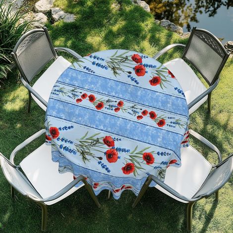 Runde Tischdecke 152 cm wasserdicht abwaschbar blau mit roten Blumen für Innen & Außen