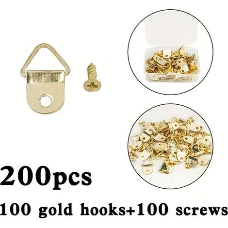 Paquete de 200 (el paquete de 100 incluye 50 ganchos + 50 tornillos, el paquete de 200 incluye 100 ganchos + 100 tornillos): colgadores triangulares de metal para cuadros, ganchos para marcos de pared (1/5)