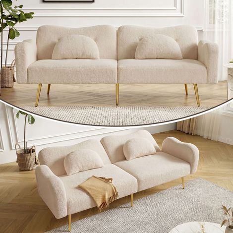 Canapé 2 places – Dossier réglable 3 positions – Pieds métal doré – Tissu mélange laine – Canapé‑lit charge max 150 kg – 2‑en‑1 salon et couchage – 168×84×82 cm (1/5)