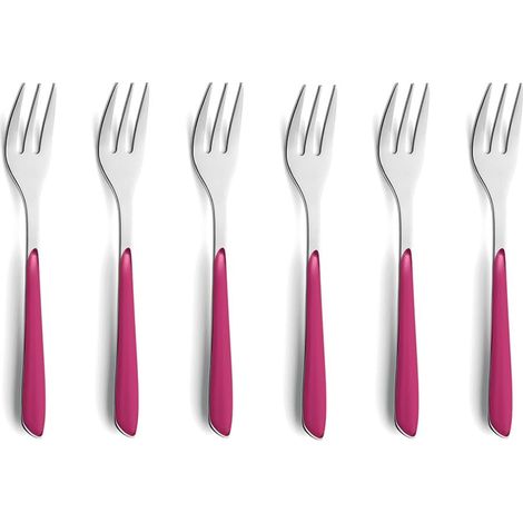 Lot de 6 fourchettes à gâteau, en acier inoxydable 18/0, pour 6 personnes, avec manche en plastique, rouge framboise, inoxydable et passe au lave-vaisselle (1/5)