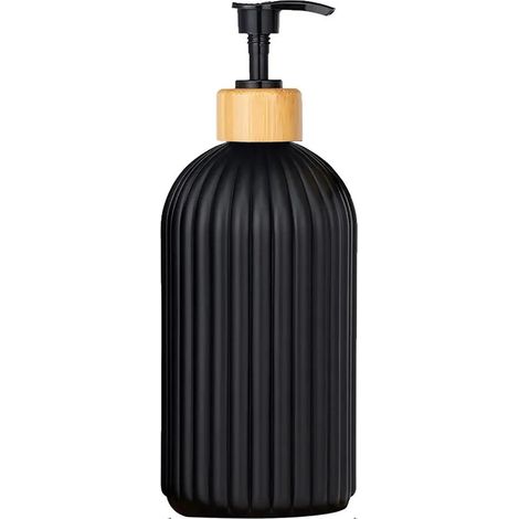 Flacon distributeur de savon noir mat 500 ml pour douche, rechargeable, pour shampoing, après-shampoing et gel douche, avec étiquette en bois. (1/5)