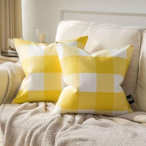 Set of 2 Gingham and Buffalo Check Cushion Covers, 40x40 cm, Indoor/Outdoor Decoration, Farmhouse Style, Yellow (1/3)