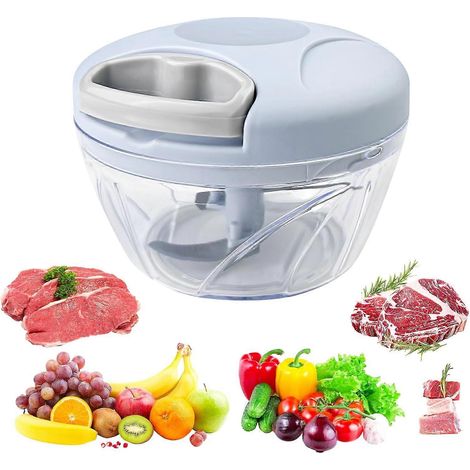 Hachoir manuel avec corde, hachoir à légumes manuel de 900 ml, mini hachoir à oignons avec 5 lames en acier inoxydable, hachoir alimentaire de 500 ml (1/5)