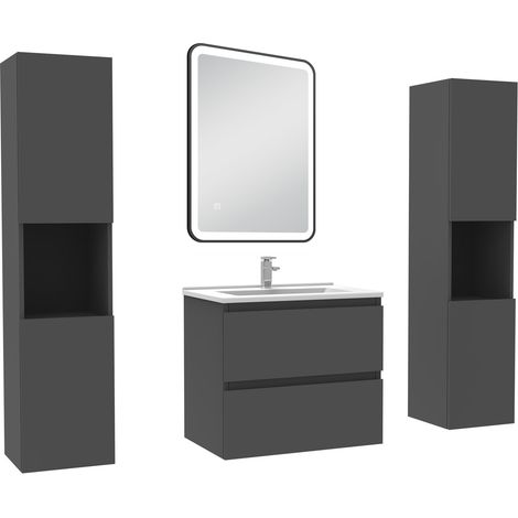 Ocean Meubles Salle de Bain 60cm avec colonne + miroir lumineux 3 couleurs + dimmable Anthracite