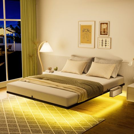 Gutent – Lit suspendu métallique 140x200 cm avec éclairage LED – Cadre flottant stable – 9 pieds de soutien cachés – 2 ports USB et 1 Type C (1/5)