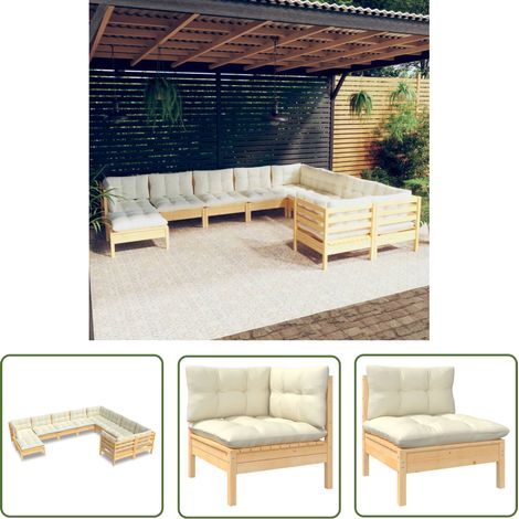 The Living Store 10-tlg. Garten-Lounge-Set mit Creme Kissen Kiefernholz - Gartensessel - Lounge Set - Gartenmöbel - Outdoor Möbel - Kiefernholz (1/5)