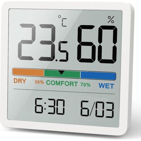 Thermomètre d'ambiance hygromètre, thermomètre numérique de bureau avec moniteur de température et d'humidité, thermomètre d'ambiance hygromètre précis avec horloge (blanc) (1/2)