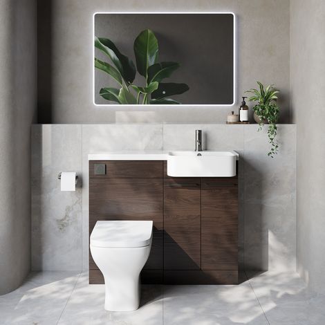 Napoli 250 Brown Oak 1000mm 2 Door Vanity Unit Toilet Suite with Right Hand Round Rico Semi Recessed Basin - 1000mm - Gunmetal Grey 160mm HandleWith Kingston Toilet Pan and Seat