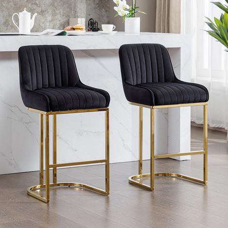 Wahson Tabouret de bar en velours noir – Lot de 2 – Coussin épais – Pieds en métal doré – Hauteur 95cm – Design contemporain, Noir