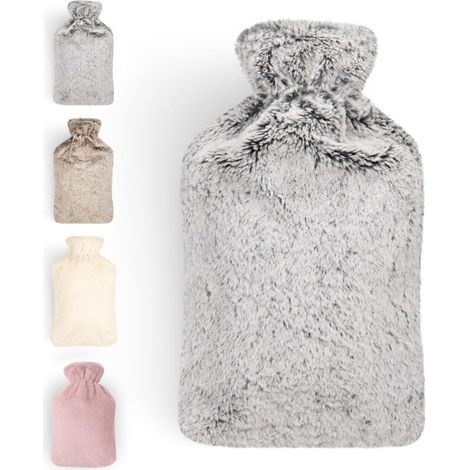 Bouillotte premium avec housse en fausse fourrure douce 2l - bouillotte en caoutchouc naturel - bouillotte cadeau petite amie - bouillotte luxe - bouillotte anti-fuite gris (1/5)