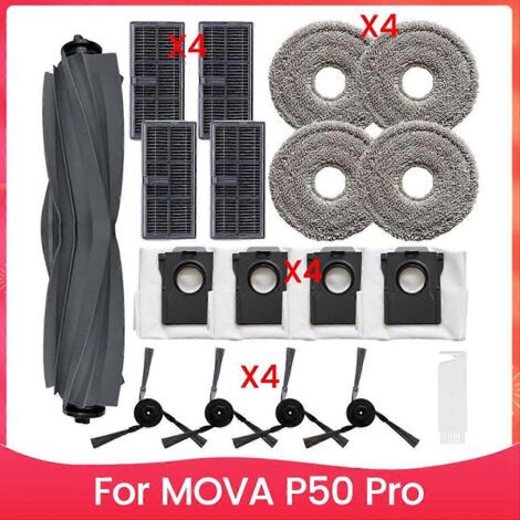 Pour aspirateur robot MOVA P50 Pro : brosse latérale principale, filtre HEPA, lingette de nettoyage, sacs à poussière de rechange