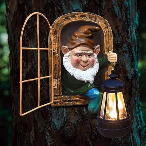 1 statue elfe jardin solaire, lanterne LED intégrée, décoration murale arbre clôture pour Halloween et extérieur