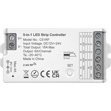 C51RF 2.4G 5-in-1 controller for monochrome, bi-color, RGB, RGBW and RGBCW LED strips (universal)