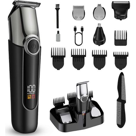 Tondeuse à cheveux sans fil pour hommes, rasoir multifonction 5 en 1 pour barbe et nez avec affichage numérique LED.
