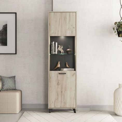 Vitrina Raggiolo, Mueble Expositor 4 Estantes, Puerta Abatible, Una Puerta, 53.5x33x191.5h cm Roble Claro Marrón (1/5)