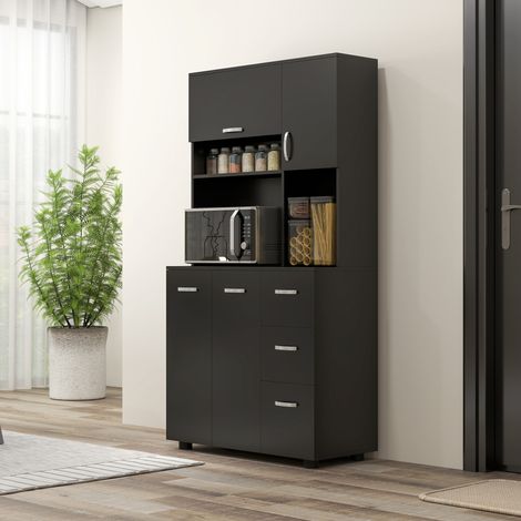 Armario de cocina multifuncional con 4 puertas, 3 cajones, estante y amplia superficie superior, 89 cm de largo x 39,5 cm de ancho x 168 cm de alto, color negro.