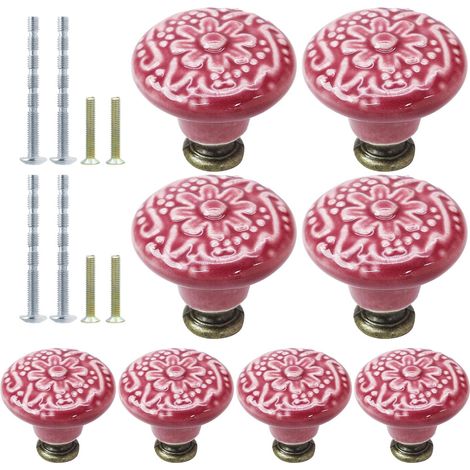 Lot de 8 boutons de placard de cuisine vintage en céramique rouge rosé – Boutons décoratifs pour placard, placard, porte de meubles (1/5)
