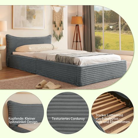 Lit simple 90200cm, lit enfant avec revêtement en velours côtelé, bois d'eucalyptus écologique + cadre en fer robuste, montage facile, gris foncé (sans matelas) (1/5)