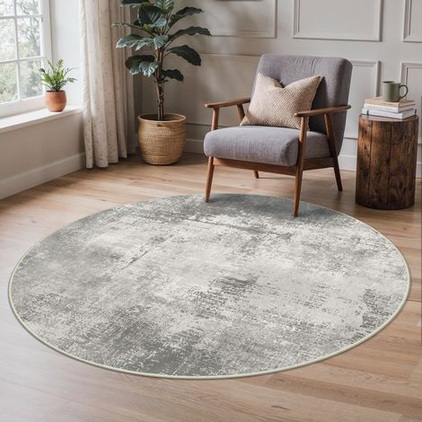 Tapis Salon Rond 135cm Résumé Lavable AntidéRapant Poil Ras, pour Chambre Salle a Manger Descente de Lit Bureau, Cuisine, Gris (1/5)