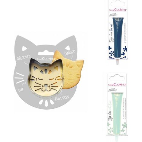 Kit pour biscuit en relief Chat + 2 Stylos au chocolat bleu nuit et vert d'eau