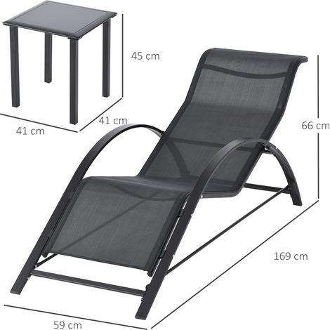 Ensemble de bain de soleil (2 chaises longues) et table avec étagère, en tissu respirant et métal, 59 x 169 x 66 cm, noir (1/5)