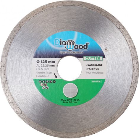 Diamwood – Disque diamant 125 mm – Alésage 22,23 mm – Jante continue pour carrelage et faïence – Coupe à sec ou à eau – Vitesse max 12 250 tr/min