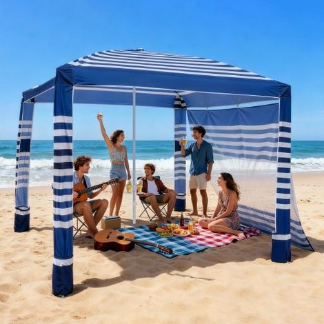 Cabaña de Playa con Pared Lateral, Protección Solar UPF 50+, con Sacos de Arena, Toldo Portátil y Ajustable en Altura para Familias, Rayas Azul Marino, 2400 x 2400 x 2400 mm, 4-5 Personas (1/5)