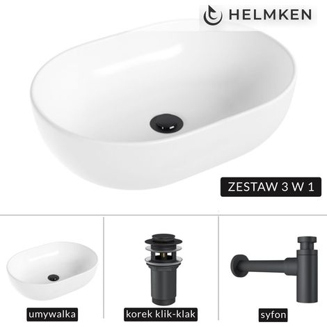 Helmken 83648000 Aufsatzwaschbecken (48x34) Weiß + Mattschwarzer Siphon + Mattschwarzer Klick-Klack-Verschluss (1/5)