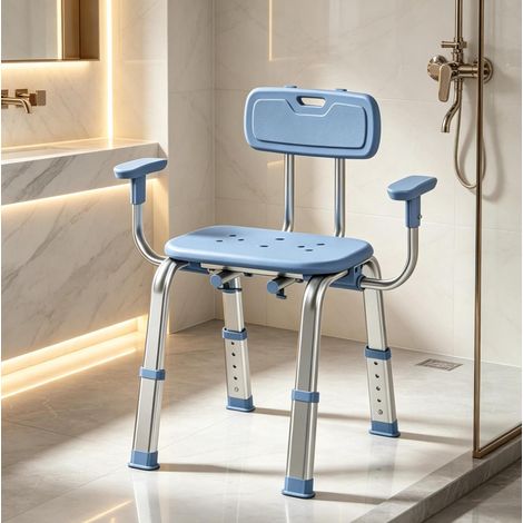 Silla de ducha ajustable en altura de aluminio azul antideslizante -FLORAGRACE (1/5)