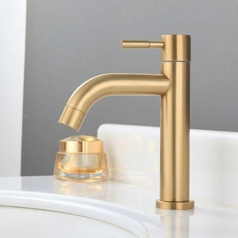 Rubinetto singolo per acqua fredda per lavabo, rubinetto da bagno in acciaio inox con raccordo per piano d'appoggio. (1/5)