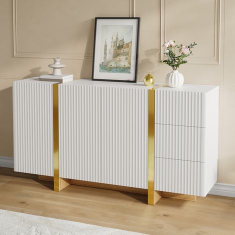 Aparador 140x36x75 cm blanco, 3 puertas abatibles, 3 cajones, almacenamiento separado, bisagras amortiguadas, base efecto madera (1/5)