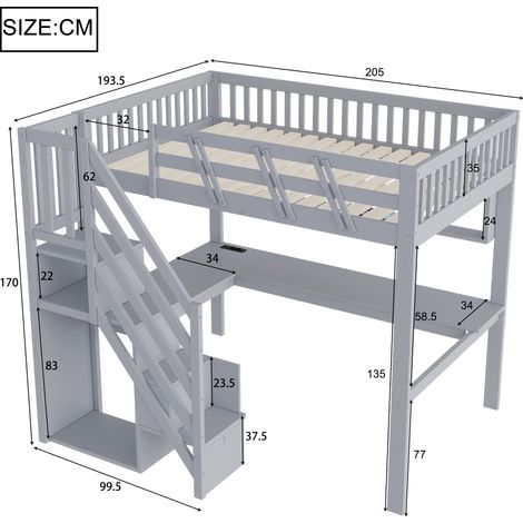 Hochbett 140x200 cm aus Holz Grau mit Schreibtisch und Stauraum, ohne Matratze – MEUBLIV (1/5)