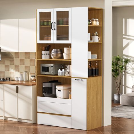 Aparador alto 100x40x200 cm blanco y natural en MDF con vidrio acanalado, cajones y estantes extraíbles (1/5)