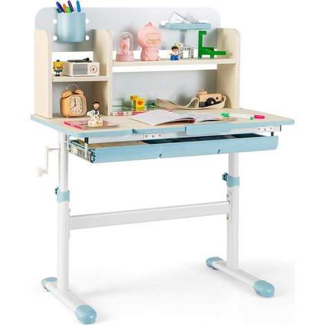 COSTWAY Bureau Enfants avec Réglable en Hauteur (50,5-73 cm) & Plateau Inclinable(0-60°), Table d'Étude avec Étagère & Tiroir & Règle, Charge 100kg pour Enfants de 3-12 Ans (Bleu) (1/5)
